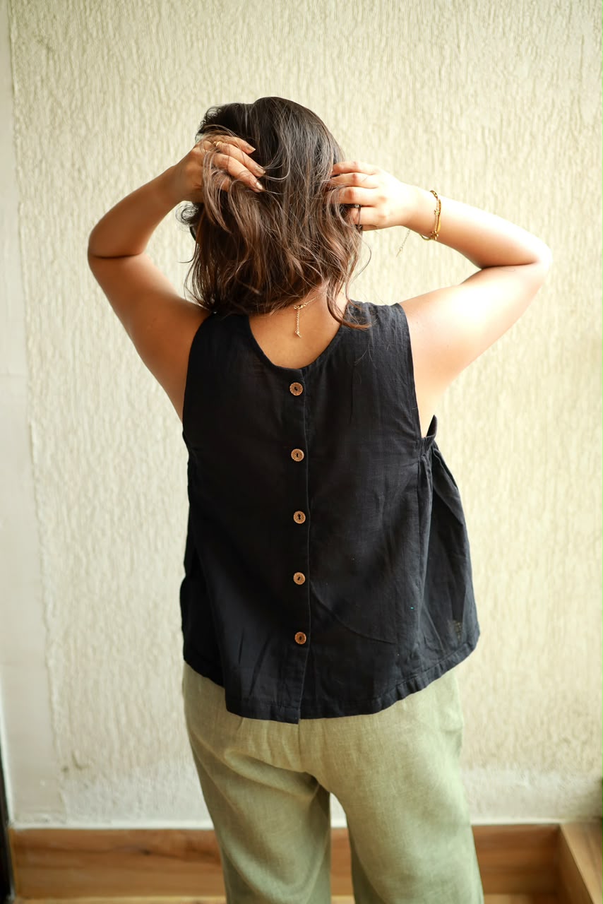 Cotton Button-Back Top Black