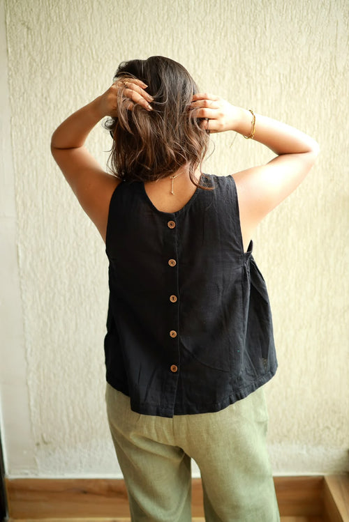 Cotton Button-Back Top Black
