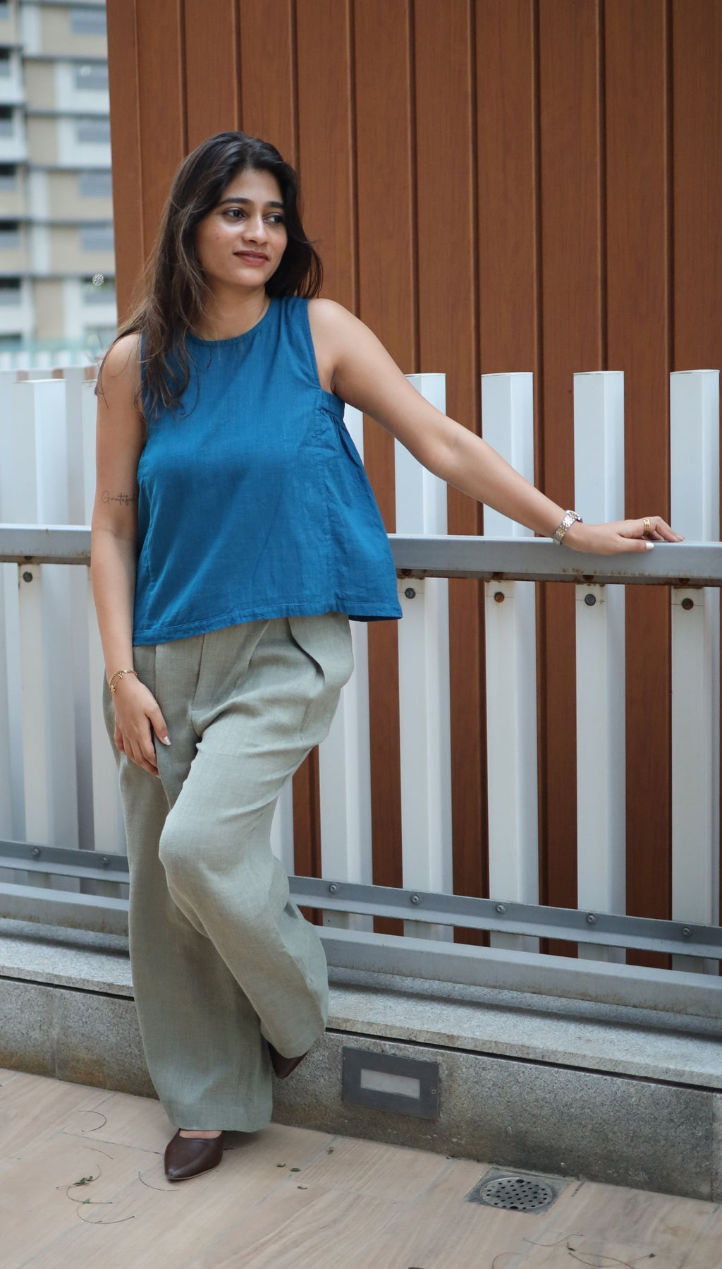Cotton Button-Back Top Blue