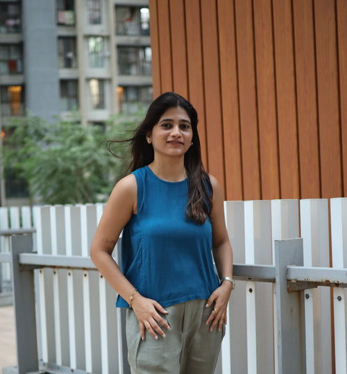 Cotton Button-Back Top Blue